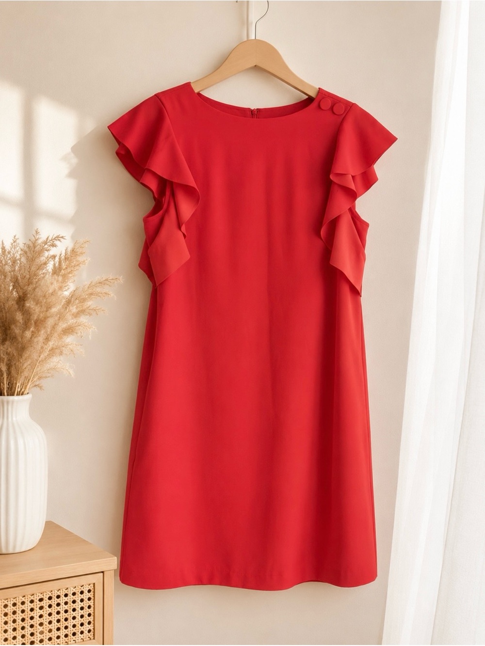 Red Ruffle Sleeve Shift Dress - Women